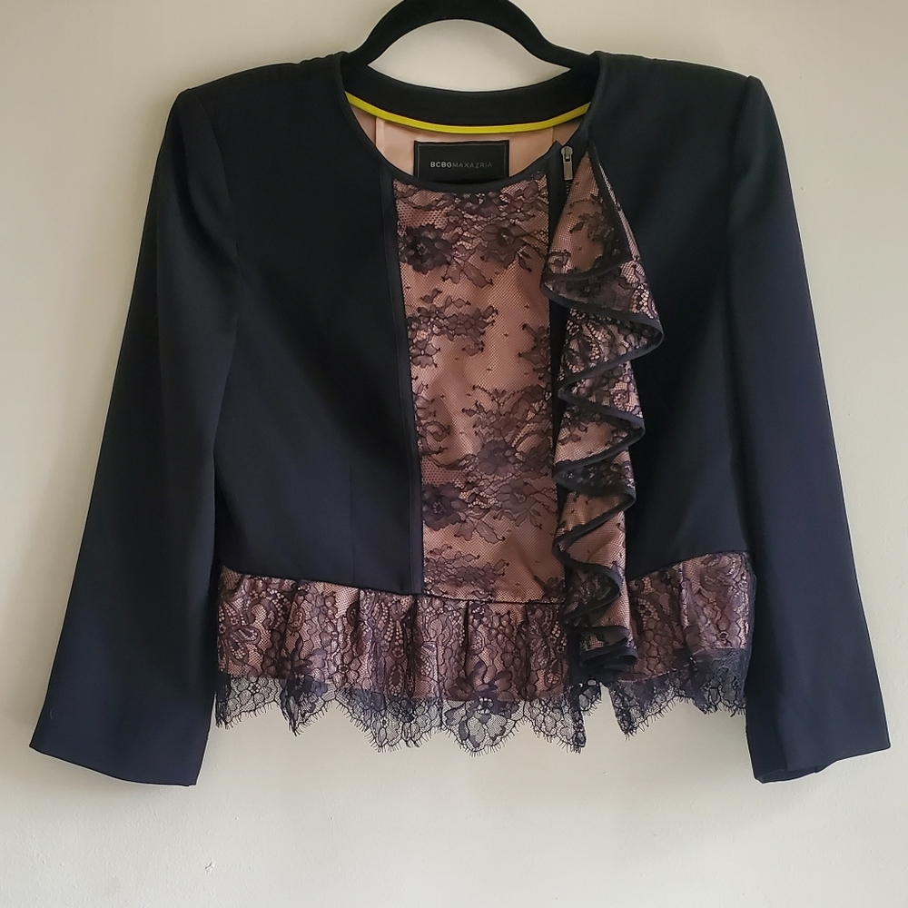 BCBG MAXAZARIA Lace Ruffle Blazer Top
